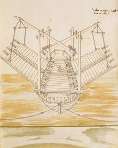 Design til et krigsskib, illustration fra "De Machinis" (pen og blæk og wc på papir)